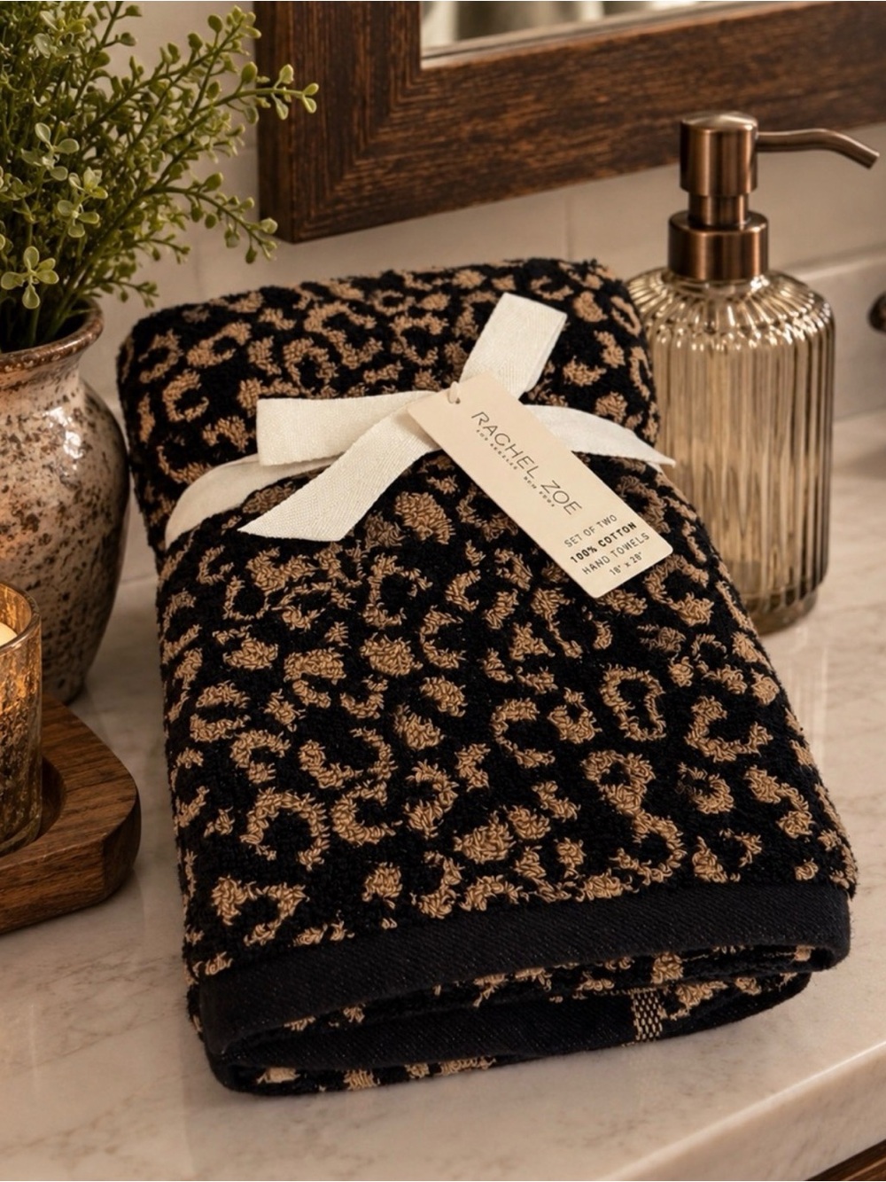 NWT Rachel Zoe Black and Tan Leopard Cotton Hand Towels - Set of Two